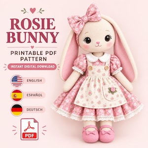 Rosie Bunny Rag Doll Pattern, Floral Dress, Shoes, Headband (PDF Tutorial)
