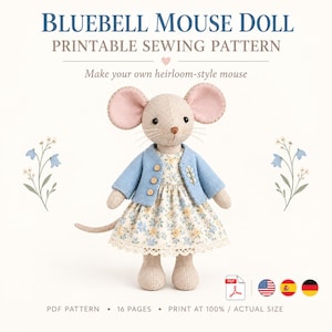 May include: A printable sewing pattern for a Bluebell Mouse Doll. The image shows a beige fabric mouse wearing a light blue cardigan with three wooden buttons over a floral dress with yellow and blue flowers and a white lace hem.