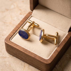 Op de afbeelding: Een paar goudkleurige manchetknopen met ovale inlays van diepblauwe lapis lazuli met subtiele gouden spikkels. De manchetknopen hebben een gepolijste metalen afwerking en worden gepresenteerd in een houten doosje met een beige voering.