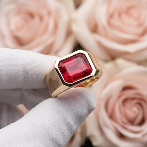 Deep Red Ruby Art Deco Sterling Silver Ring for Men, Statement Band with 925 Silver, Red Gemstone, Luxury Jewelry, Gift for Him