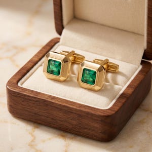 May include: A pair of gold-toned cufflinks featuring square-cut emerald green stones set in a polished metal frame. The cufflinks are displayed inside a dark brown wooden box with a cream-coloured interior lining, showcasing a classic design.