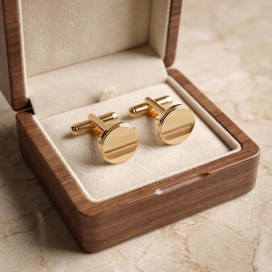 May include: A pair of polished gold-tone circular cufflinks with a smooth, reflective surface and a standard T-bar toggle mechanism, presented inside an open wooden box with a light beige velvet interior lining.