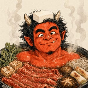 Puede incluir: Un demonio de piel roja con cabello negro y cuernos sentado en una olla humeante de sukiyaki. El plato contiene finas lonchas de ternera, cubos de tofu, setas shiitake, cebolletas y fideos en un caldo oscuro. Un bloque de tofu sobre la cabeza.
