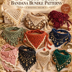 Può includere: Una collezione di 10 schemi per bandana all'uncinetto con vari design in colori tra cui crema, rosso, verde, blu, rosa e nero. Le bandane sono decorate con perline, conchiglie, ciondoli in metallo e nappe, presentate come un PDF digitale.