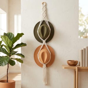 May include: A cream-coloured macrame wall hanging designed to hold two hats. The vertical organiser features a wooden ring at the top, intricate knotted patterns, and two circular loops that secure an olive green hat and a terracotta orange hat.