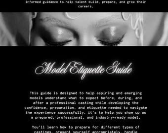 May include: A black and white informational graphic titled HNS Career Lab and Model Etiquette Guide. It features a close-up of closed eyes and text describing a professional resource hub by Maison De HNS for models, including casting and career advice.