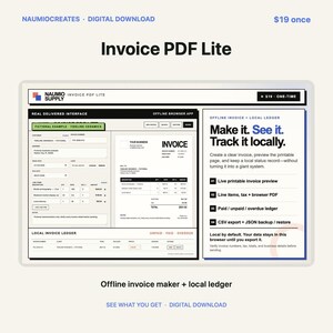 Può includere: Un'interfaccia digitale per Invoice PDF Lite, un generatore di fatture offline e registro locale. Lo schermo mostra un modulo per i dettagli del cliente, un'anteprima di fattura stampabile e una tabella. Il testo include: Make it. See it. Track it locally.