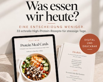 High Protein Recipe Cards for Muscle Building, Digitally Printable - 33 Quick Family Recipes for Stressful Days with Protein List and Pantry List