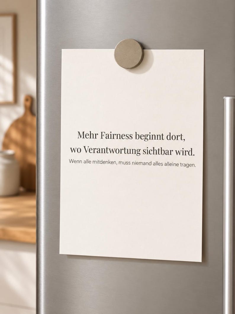 May include: A rectangular off-white paper note held by a circular matte beige magnet on a metallic surface. The text reads: Mehr Fairness beginnt dort, wo Verantwortung sichtbar wird. Wenn alle mitdenken, muss niemand alles alleine tragen.