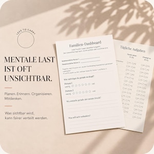 May include: A white paper planner titled Familien-Dashboard with German text, featuring sections for daily tasks, checkboxes for two people, and a mental load assessment scale. The document includes the text Mentale Last ist oft unsichtbar.