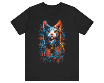 Neon Hoodie Cat Graphic Tee | Cat Portrait T-Shirt, Street Art Style