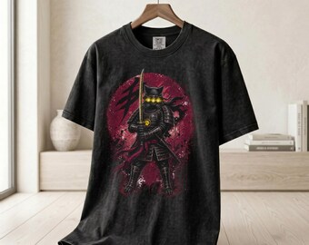 Samurai Cat Warrior T-shirt - Dark Ninja Feline Art - Red Ink Circle