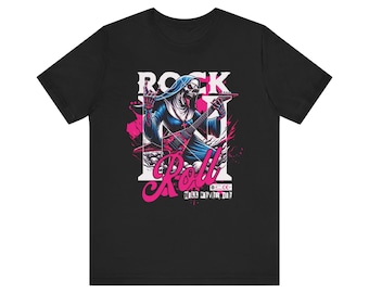 Rock 'n' Roll Skeleton Guitar Tee | Retro Neon Music Graphic Shirt