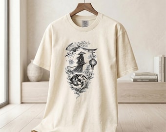 Japanese Samurai Graphic Shirt, Ink Wash Waves Koi Fish Apparel, Heavyweight Streetwear Tee