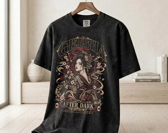 Geisha After Dark Shirt, Japanese Night Scene Graphic Tee, Faded Streetwear Cotton