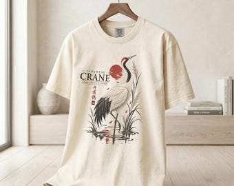 Japanese Crane Graphic Tee, Ink Brush Red Sun Streetwear Shirt