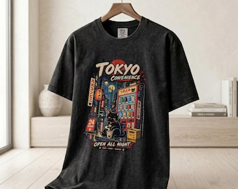 Tokyo Convenience Graphic Tee – Japanese Cat Streetwear, Comfort Colors 1717