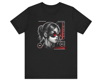 Cyberpunk Woman Portrait Tee | Red Visor Sunglasses, Futuristic Graphics