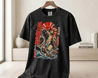 Funny Cat Kaiju T-Shirt, Japanese Woodblock Monster Graphic Tee, Vintage Tokyo Bay Heavyweight Streetwear