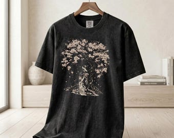 Sakura Tree Geisha T-Shirt, Cherry Blossom Kimono Illustration, Vintage Wash Tee
