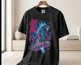 Retro Synthwave Kaiju Shirt, Cyberpunk Monster Neon Graphic Tee, Garment-Dyed Heavyweight Streetwear Cotton