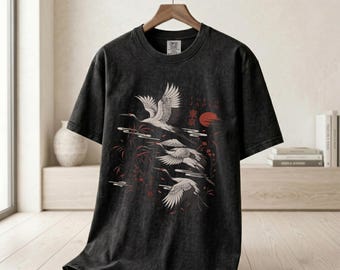 Vintage Japanese Crane T-Shirt, Garment Dyed Apparel, Flying Birds Graphic Tee