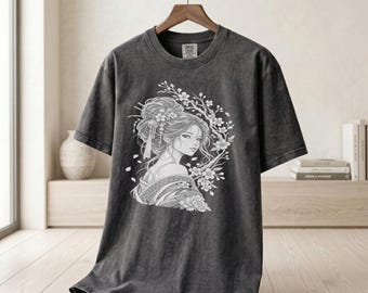Japanese Geisha Portrait Shirt, Floral Femme Graphic Tee, Heavyweight Streetwear Cotton