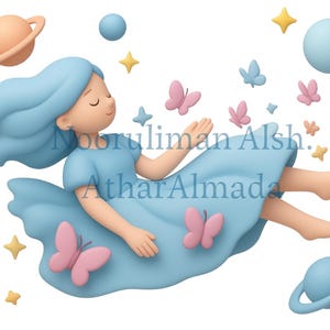 Könnte beinhalten: Eine 3D-Illustration einer Figur mit fließendem blauem Haar in einem hellblauen Kleid, die zwischen rosa Schmetterlingen, gelben Sternen, blauen Kugeln und zwei Planeten mit Ringen schwebt. Der Text Nooruliman Alsh. AtharAlmada ist mittig überlagert.