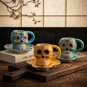 May include: Three ceramic skull-shaped mugs with matching saucers, featuring vibrant hand-painted designs in blue, yellow, and teal. Each mug has a handle and intricate colorful patterns around the eyes, nose, and teeth, displayed on a wooden board.