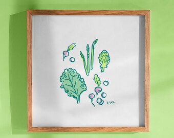 Artichoke Asparagus Radish Veggie Art Print: Kitchen Foodie Art