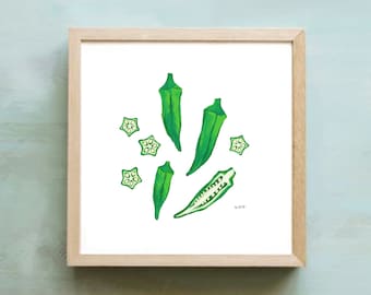 Okra Art Print: Southern Foodie Kitchen Wall Decor (8x8 Giclée)