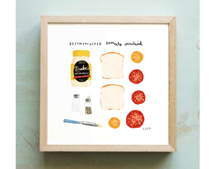 Tomato Sandwich Art Print (Deconstructed): Southern Foodie Kitchen Wall Decor (8x8 Giclée)