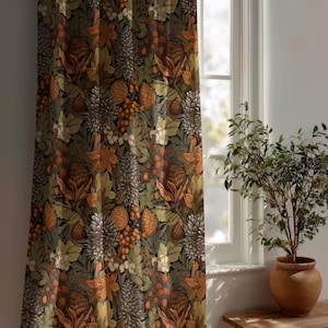May include: A floor-length curtain featuring a dense botanical pattern of pinecones, berries, and foliage in shades of burnt orange, olive green, and dark brown. The fabric displays a repeating arrangement of forest elements against a dark background.