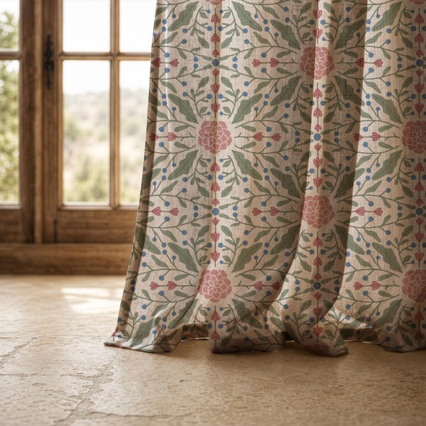 Green Botanical Linen Curtains, Floral Window Treatments, Bedroom Drapes, 9ft Curtain Panel, Rustic Boho Curtains, Garden Curtains