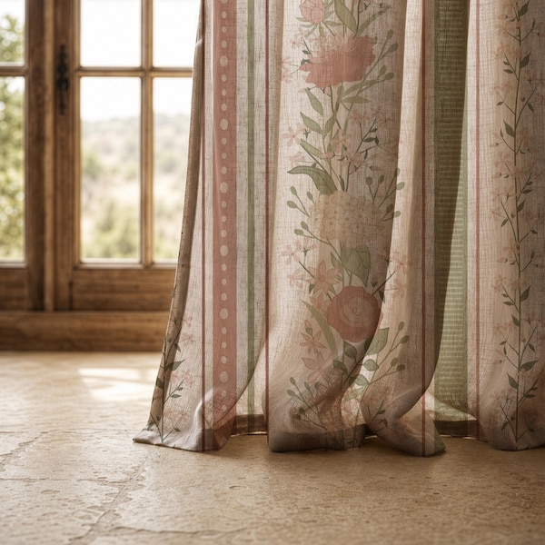 Pink Floral Linen Curtains,  Striped Window Drapes,  Long Length curtains,  Bedroom Panel,  Back Tab Curtains,  Custom Blackout Curtains