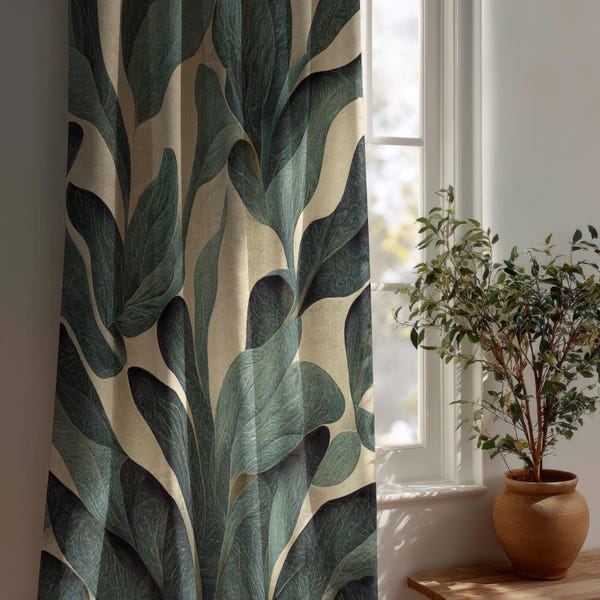 Sage Green Botanical Curtains, Large Leaf Contemporary Drapes for Living Room, Back Tab Curtains, Custom Size Blackout Window Panels