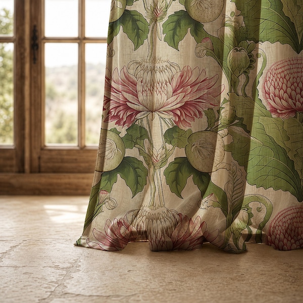 Cream and Olive Botanical Linen Curtains, Vintage Floral Drapes, Living Room Window Panel, Custom Size Back Tape Curtains