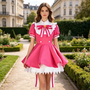 Pink Ruffled Dress, Puff Short Sleeve Fancy Outfit, Bow Decorated Party Dress, Women Flare Skirt Costume for Garden Photoshoot