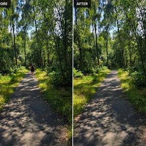 Può includere: Un confronto a schermo diviso che mostra un sentiero forestale con un corridore nel riquadro sinistro e lo stesso sentiero vuoto nel riquadro destro. Il sentiero è asfaltato, fiancheggiato da erba verde, felci e alberi alti sotto un cielo luminoso.