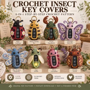 May include: A digital PDF pattern for 8 crochet insect key covers, featuring designs like a ladybug, bee, stag beetle, butterfly, dragonfly, firefly, caterpillar, and scarab. The image displays the finished covers with gold key rings.