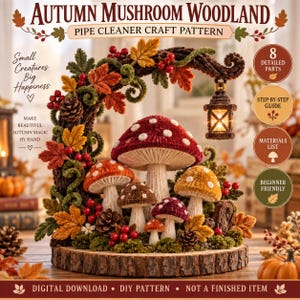 Puede incluir: Un patrón de manualidades digital titulado Autumn Mushroom Woodland que muestra un arreglo de limpiapipas con setas, hojas de otoño, bayas y un farol sobre una base de madera. Incluye el texto: Small Creatures Big Happiness.