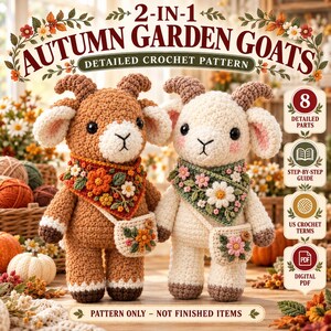 Autumn Garden Goat Crochet Pattern, 2 in 1 Goat Amigurumi Pattern, Farm Animal Crochet PDF, Fall Crochet Decor, Goat Plush Pattern