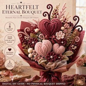 May include: A bouquet of pipe cleaner flowers in shades of burgundy, pink, and cream, featuring heart-shaped blooms, spiral stems, and pearl accents. The text reads Heartfelt Eternal Bouquet, Romantic Pipe Cleaner Bouquet DIY Pattern.