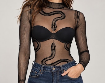 Black Snake Mesh Bodysuit, Sheer Long Sleeve Gothic Top, Halloween Rave Festival Outfit for Women