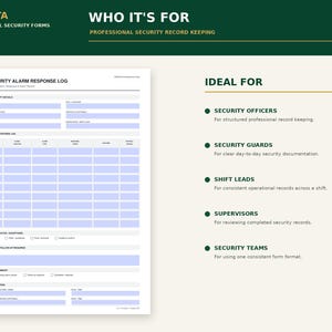 Peut inclure: Un formulaire de journal de r&eacute;ponse aux alarmes de s&eacute;curit&eacute; blanc avec des champs &agrave; remplir bleu clair. Le document comprend des sections pour les d&eacute;tails du site, les journaux d'alarme, les exceptions, les suivis, les r&eacute;sum&eacute;s et les signatures.