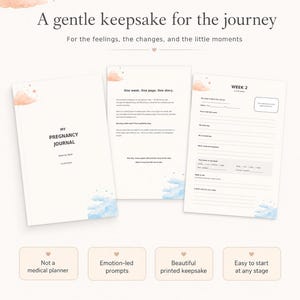 May include: A pregnancy journal titled My Pregnancy Journal Cloud Edition, featuring pages with prompts for weekly entries, including sections for feelings, body changes, and notes to the baby. The design includes soft blue and peach cloud illustrations.