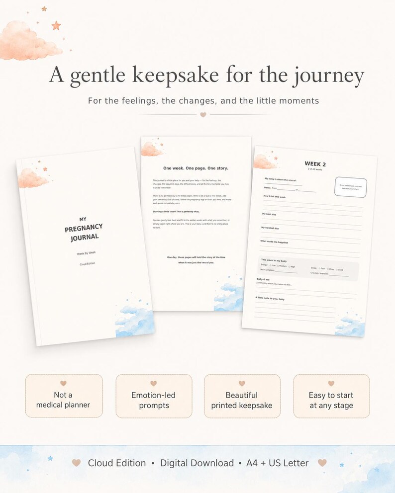 May include: A pregnancy journal titled My Pregnancy Journal Cloud Edition, featuring pages with prompts for weekly entries, including sections for feelings, body changes, and notes to the baby. The design includes soft blue and peach cloud illustrations.