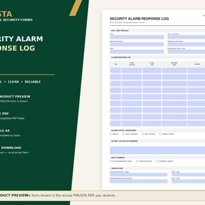 Peut inclure: Un formulaire blanc de journal de r&eacute;ponse aux alarmes de s&eacute;curit&eacute; avec une barre lat&eacute;rale vert fonc&eacute; portant le texte PIRUSTA PROFESSIONAL SECURITY FORMS. Le document comprend des sections pour les d&eacute;tails du site, les journaux et signatures.
