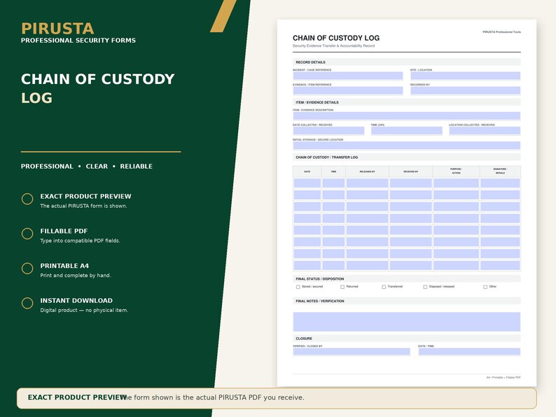 May include: A white Chain of Custody Log form with light blue fillable fields, featuring sections for record details, evidence descriptions, and a transfer log. The document includes the Pirusta brand name and professional security form headers.