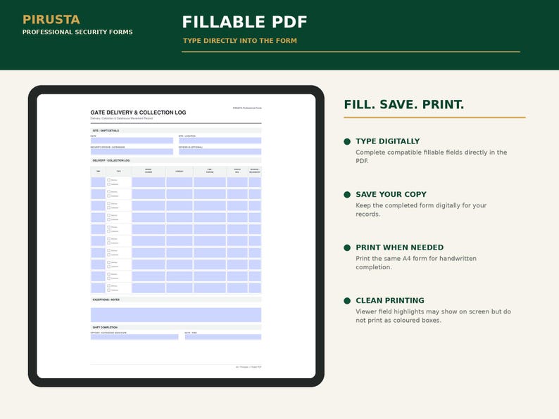 Peut inclure: Un formulaire PDF remplissable Gate Delivery & Collection Log par Pirusta. Le document pr&eacute;sente des champs de saisie bleu clair pour les d&eacute;tails du site, les journaux de livraison et la fin de quart. Texte : FILLABLE PDF, FILL. SAVE. PRINT.